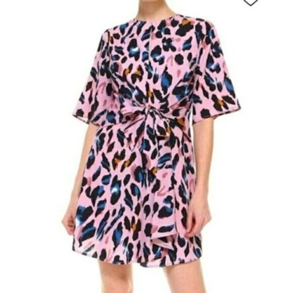 TCEC Lively Leopard Dress Short Sleeve Faux Wrap Keyhole Pink Animal Print - Picture 2 of 15